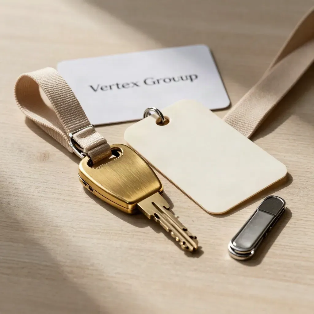 Brassový klíč, visačka a lanyard na světlém dřevě v jemném světle.