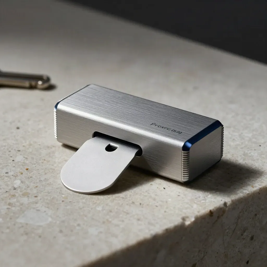 Brushed-metalový timer a token na travertinu v dramatickém šedém světle.